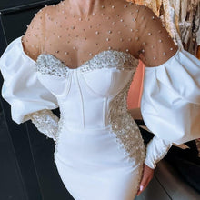 Load image into Gallery viewer, Elegant White Mermaid Prom Dresses with Pearls Beading Sheer Neck Long Sleeve Evening Gowns Heavy Rhinestones Special Occasion Dress