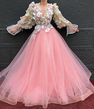 Load image into Gallery viewer, flowers prom dresses 2021 deep v neck long sleeve lace appliques hand made flowers long tulle pink evening dresses