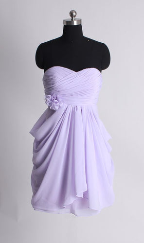 lavender bridesmaid dresses 2021 sweetheart neckline pleats hand made flowers draped chiffon mini wedding party dresses