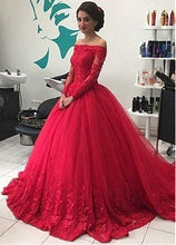 Load image into Gallery viewer, lace prom dresses 2020 red off the shoulder long sleeve beading sequins red evening dresses vestidos de fiesta