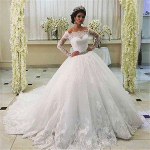 vintage wedding dresses 2021 scoop neckline lace appliques long sleeve ball gown puffy long bridal dresses vestidos de noiva