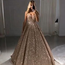 Load image into Gallery viewer, sparkly prom dresses 2020 sweetheart neckline sequins shinning ball gown floor length evening dresses arabic formal dresses party dress