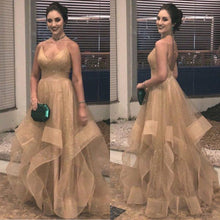 Load image into Gallery viewer, gold prom dresses 2021 sweetheart neckline ruffle sparkly shinning a line long tulle evening dresses gowns