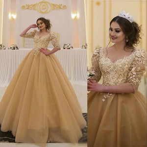 Gold Half Sleeves Prom Dresses 2021 Floral Lace Appliques A Line Floor Length Tulle Evening Gowns Formal Dubai Arabic Kaftan Abaya