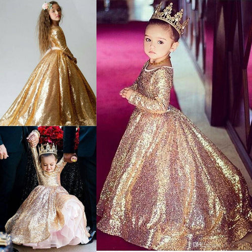 Gold Sequin Toddler Ball Gowns Girls Pageant Dresses Jewel Long Sleeves Formal Kids Party Gown Flower Girl Dresses for Weddings