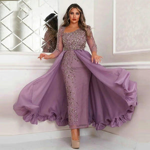 gorgeous Purple Prom Dresses 2021 Three Quarter Sleeves Overskirt Ankle Lenght Evening Party Gowns Crystal Beading Saudi Arabia Lady Dress