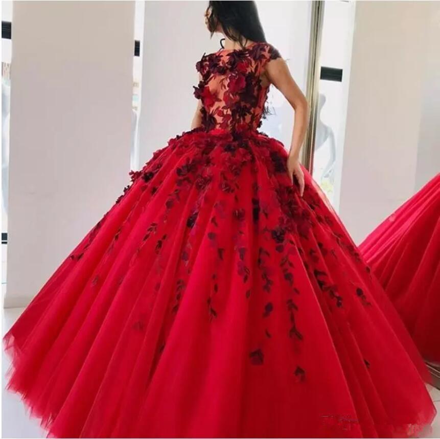 Gorgeous Red Prom Dresses 2021 Arabic Aso Ebi Jewel Neck Cap Sleeves Formal Evening Gowns 3D Flowers See Through Top Party Ball Gowns