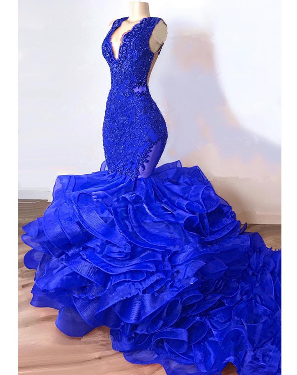 royal blue prom dresses 2021 mermaid deep v neck lace appliques ruffle organza long evening dress