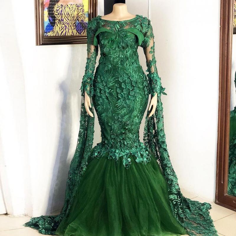 green prom dresses 2021 crew neckline long sleeve lace appliques custom make evening dresses high quality