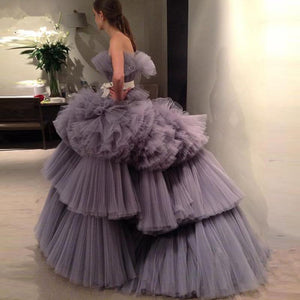 grey Amazing 2021 New Prom Dresses Ball Gowns Tiered Ruffled pleated Tulle Unique Evening Dresses Strapless Celebrity Pageant Gowns