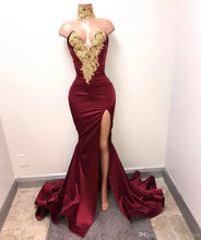 Load image into Gallery viewer, Hot Sale Burgundy Mermaid Prom Dress Lace Appliques Sexy Slit Deep V-Neck Evening Gowns Formal Dresses