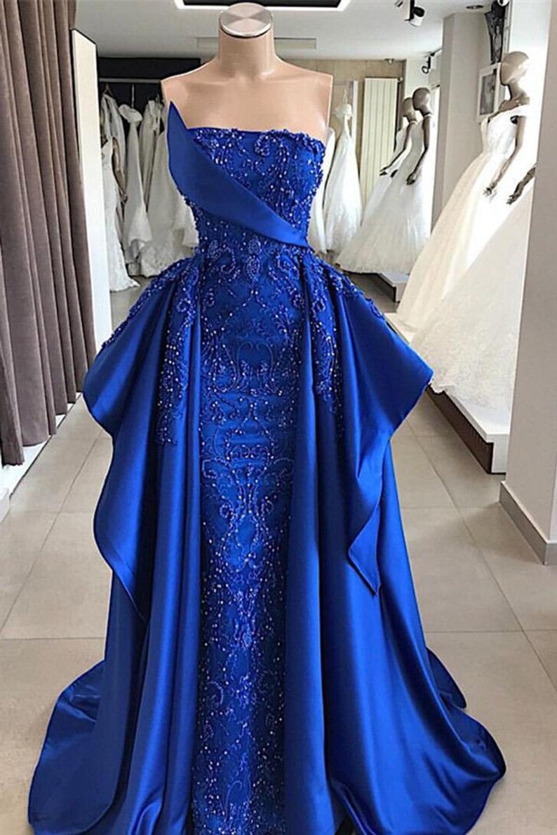 royal blue prom dress with detachable skirt lace appliques beading lace evening dresses gowns