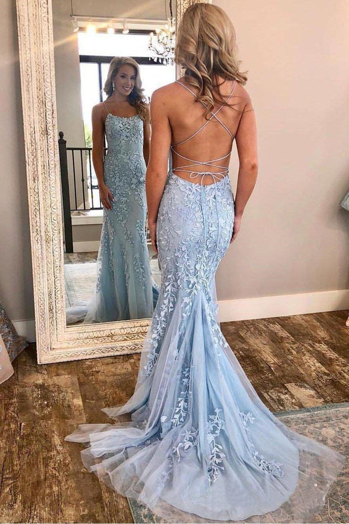 Spaghetti Strap Light Sky Blue Mermaid Prom Dresses Backless Formal Dress 2021