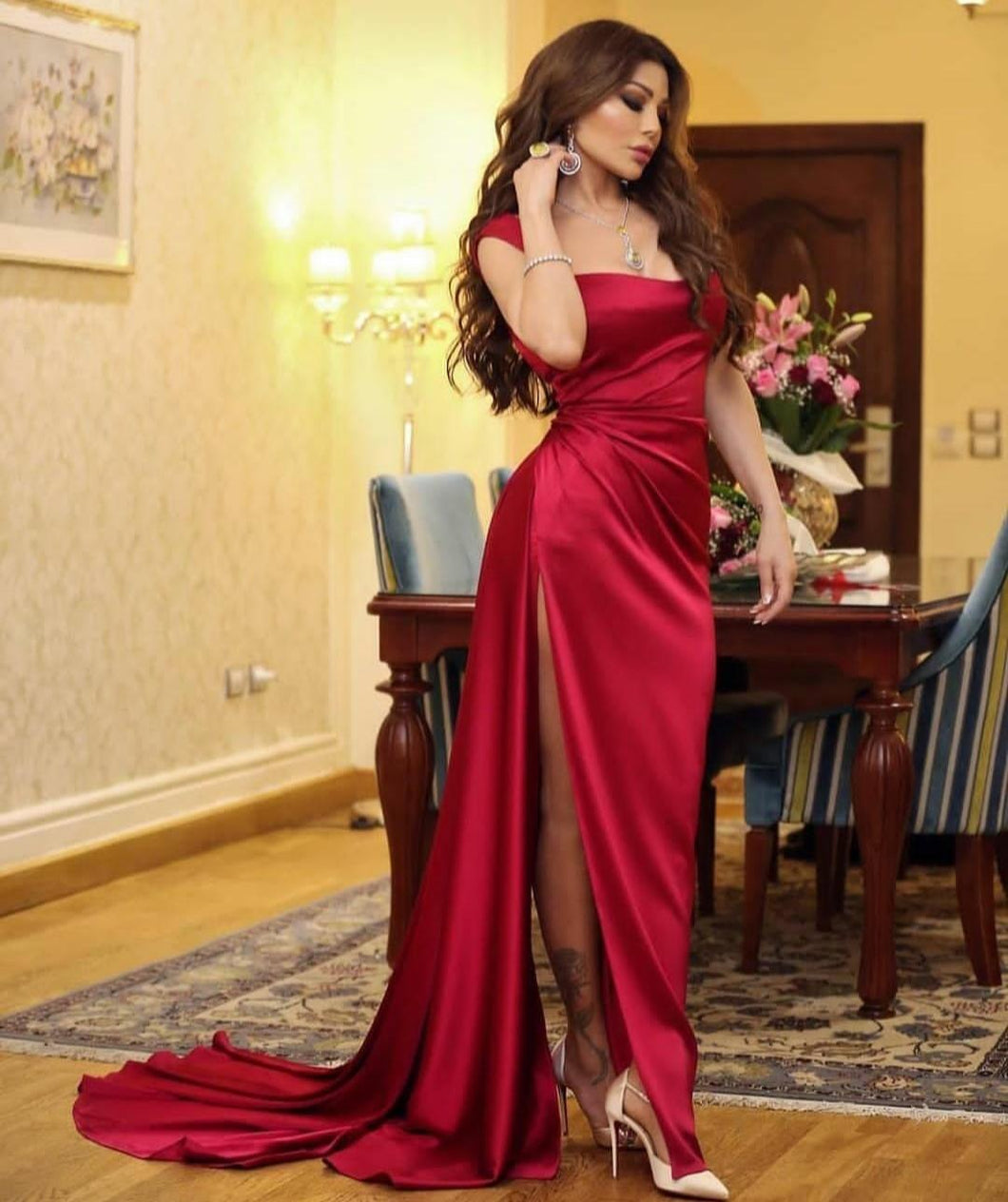 Mermaid Long Satin Evening Dresses with Side Slit Long Prom Gowns Zipper Back Red Formal Party Dress for Women