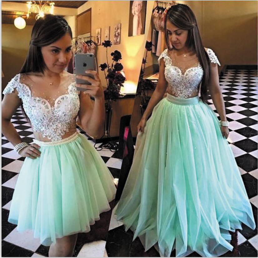 Mint Green Prom Dresses Short Capped Sleeves Lace Applique Crystals Beaded Pearls 2021 with Detachable Skirt Tulle Evening Party Gown