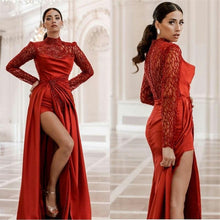 Load image into Gallery viewer, Muslim Red Prom Dress Beads Sequins High Neck Custom Made Evening Dresses Long Sleeves Sexy High Split Formal Party Dress robe de soiree