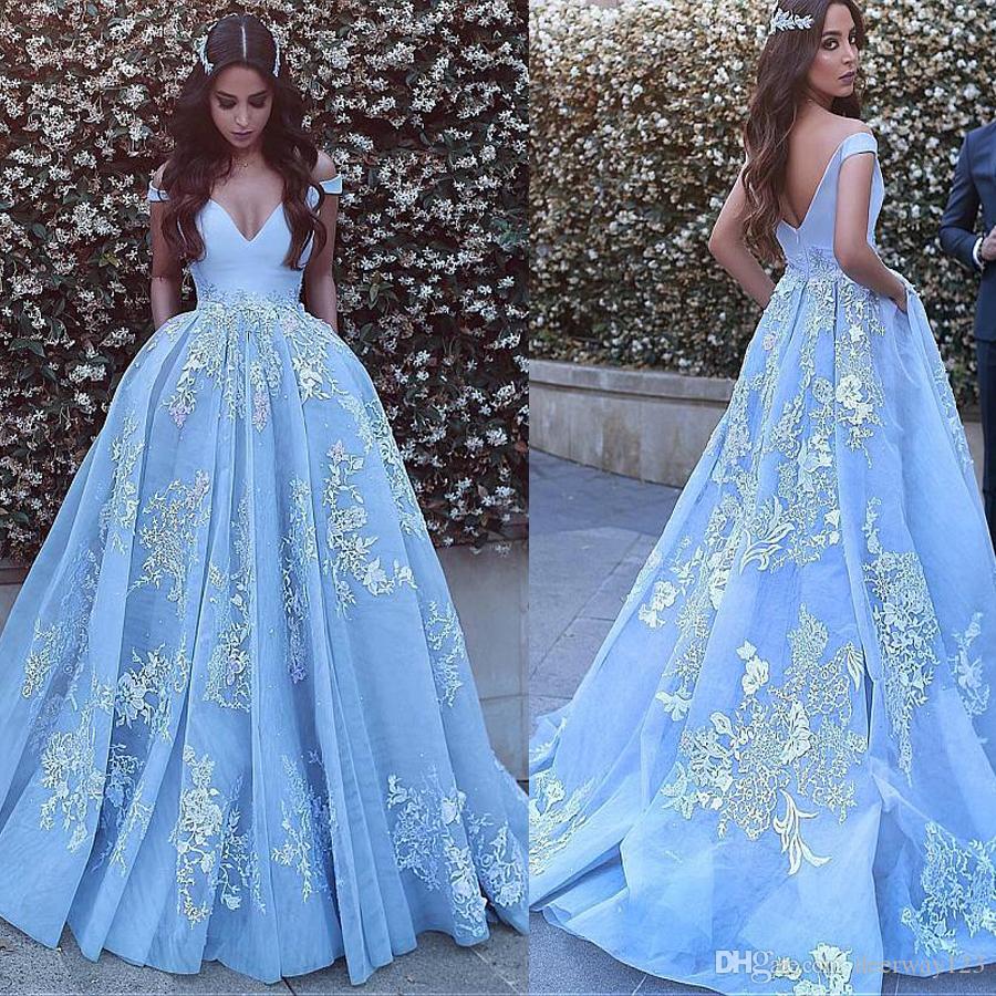 Off-the-shoulder Neckline Ball Gown Evening Dresses With Beaded Lace Appliques Blue Prom Dress vestido formatura party dress