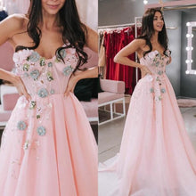 Load image into Gallery viewer, pink prom dresses 2021 sweetheart neckline hand made flowers embroidery a line beading crystal sparkly luxury evening dresses