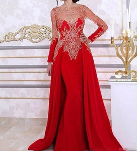 red prom dresses 2021 long sleeve lace evening dress sheer detachable skirt evening gowns