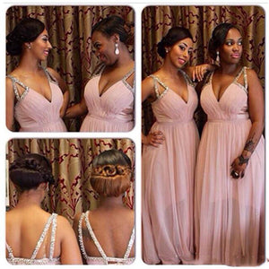Cheap Blush Deep V Neck African Bridesmaid Dresses Long Plus Size Crystal Chiffon Formal Gowns Criss Cross Straps