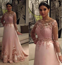 Load image into Gallery viewer, Pink Sparkly 2020 Arabic Evening Dresses Scoop Long Sleeves Lace Beaded Prom Dresses A-line Sexy Formal Party Gowns Free