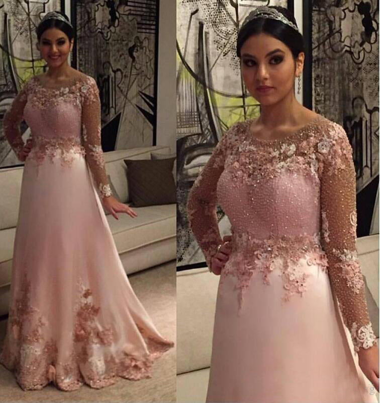 Pink Sparkly 2020 Arabic Evening Dresses Scoop Long Sleeves Lace Beaded Prom Dresses A-line Sexy Formal Party Gowns Free
