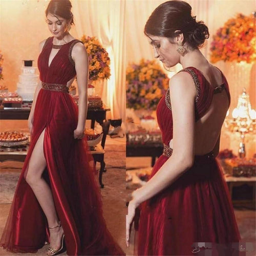 2020 Burgundy Prom Dresses Jewel Neck Beaded Waist Side Slit Backless Custom Made Plus Size Tulle Evening Party Gowns Formal Occasion Wear