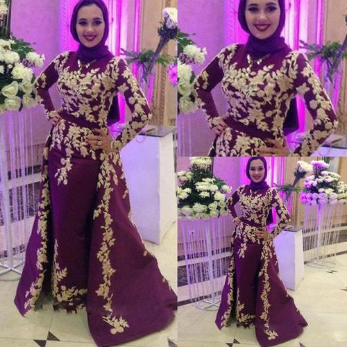 2020 Burgundy Muslim Satin Mermaid Evening Dresses Prom Appliques Detachable Train Arabic Vestidos De Fiesta De Noche Robe De Soiree Plus Size