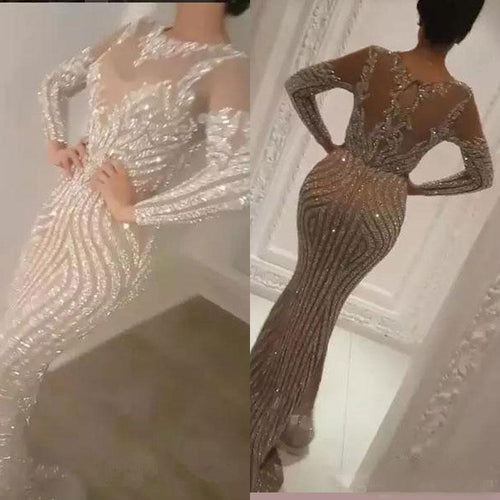 Yousef Aljasmi 2021 Luxury Long Sleeve Sequins Silver Mermaid Prom Dresses Sexy Sheer Jewel Neck Evening Wear Beads Celebrity Prom Gowns