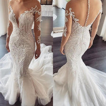 Load image into Gallery viewer, Illusion Long Sleeve Mermaid Wedding Dresses 2020 Sheer O-neck Luxury Lace Applique Covered Buttons Wedding Gown robe de mariee