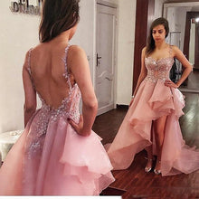 Load image into Gallery viewer, 2020 Dusty Pink High Low Prom Dresses Ruffles Organza Exposed Boning Backless Evening Dresses Custom Made Spaghetti Cocktail Party Dresses