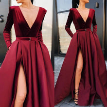 Load image into Gallery viewer, Elegant Burgundy Long Sleeves Evening Dresses Vintage Deep V Neck A-line Prom Gown Plus Size Satin Formal Party Bridesmaid Dress