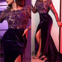 Load image into Gallery viewer, New Long Sleeves Evening Dresses Purple Lace Beads Yousef Aljasmi Prom Dress V-neck Split Ruched Middle East Party Gowns Plus Size