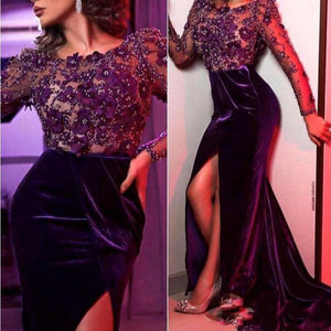 New Long Sleeves Evening Dresses Purple Lace Beads Yousef Aljasmi Prom Dress V-neck Split Ruched Middle East Party Gowns Plus Size