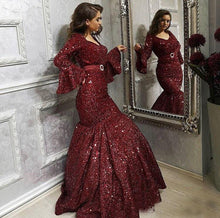 Load image into Gallery viewer, Sparkling Dark Burgundy Sequined Mermaid Evening Dresses with Sash V Neck Long Sleeves Prom Dress Bride Party Gowns