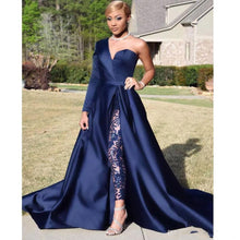Load image into Gallery viewer, Dubai One Shoulder Prom Dresses Pant Suits A Line Royal Navy High Split Long Sleeve Formal Party Gowns Jumpsuit Celebrity Dresses
