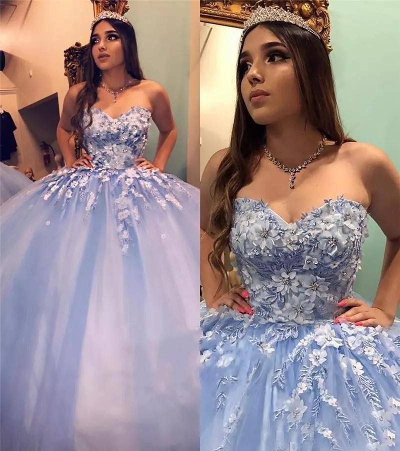 Prom Dresses New Blue Quinceanera Dresses Ball Gown Sweetheart Lace Appliques Crystal Beaded 3D Floral Flowers Sweet 16 Party Prom Dress Evening Gowns