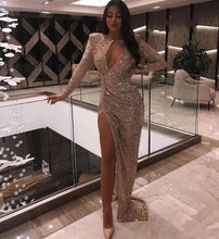 Load image into Gallery viewer, Sexy Long Sleeve Mermaid Evening Dresses 2020 Sequined High Split Evening Gowns Formal Wear Prom Dress robe de soiree