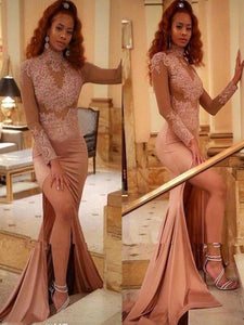 2020 High Neck Satin Split Mermaid Prom Dresses Sheer Long Sleeves Tulle Applique Evening Gowns Plus Size Sweep Train Formal Party Dress