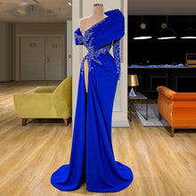 Load image into Gallery viewer, royal blue prom dresses 2020 one shoulder side sit crystal long sleeve mermaid satin evening dresses