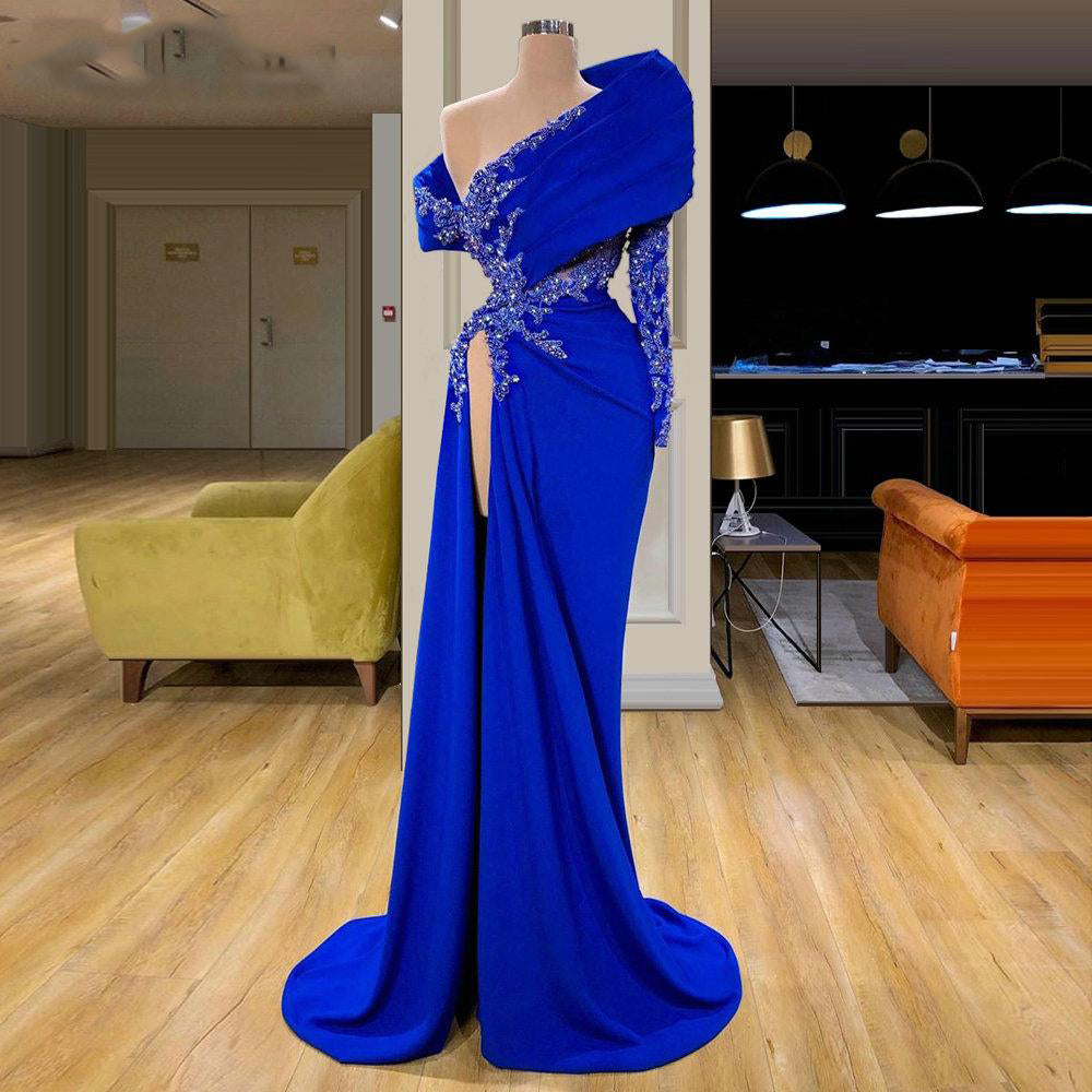 royal blue prom dresses 2020 one shoulder side sit crystal long sleeve mermaid satin evening dresses