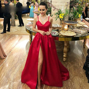 Evening Red A Line Prom Dress 2020 Sexy Side Slit Backless Sweep Train Girls Graduation Party Dresses Birthday Party