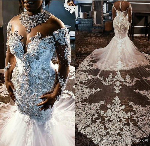 Sheer Mesh Top Lace Mermaid Wedding Dresses 2021 Tulle Lace Applique Beaded Crystals Long Sleeves Wedding Bridal Gowns with detachable train