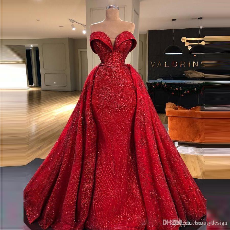 Red Overskirts Prom Dresses Shiny Appliques Sweetheart Mermaid Evening Dress Back Zipper vestidos de novia Plus Size Celebrity Party Gowns