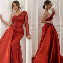 Load image into Gallery viewer, Red Prom Dress Muslim Beads Sequins Long Sleeves Custom Made Evening Dresses Long Sleeves Sexy High Split Formal Party Dress robe de soiree