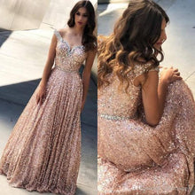 Load image into Gallery viewer, Rose Gold Sequin Off The Shoulder A Line Long Prom Dresses 2020 Beaded Stones Floor Length Formal Evening Party Wear Gown