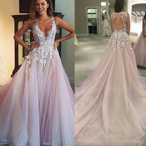 Sexy V Neck Backless Lace Prom Dress Fashion A-Line Tulle Appliques Court Train Vestido De Noiva Elegant Evening Gowns