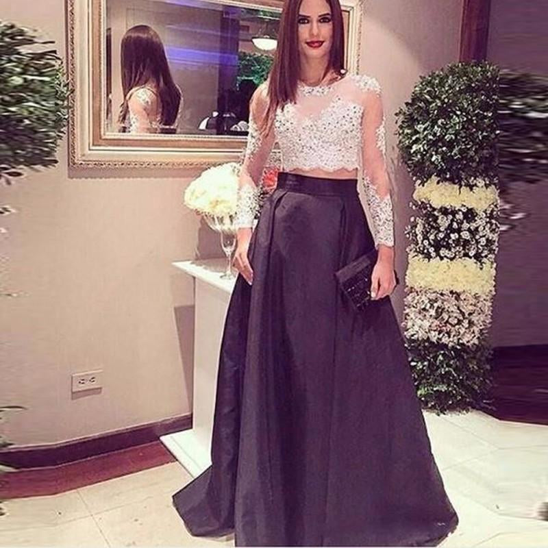 Two Pieces Prom Dresses Long Sleeves Sexy Lace Aappliqued Plus Size Evening Formal Party Gowns With Beaded