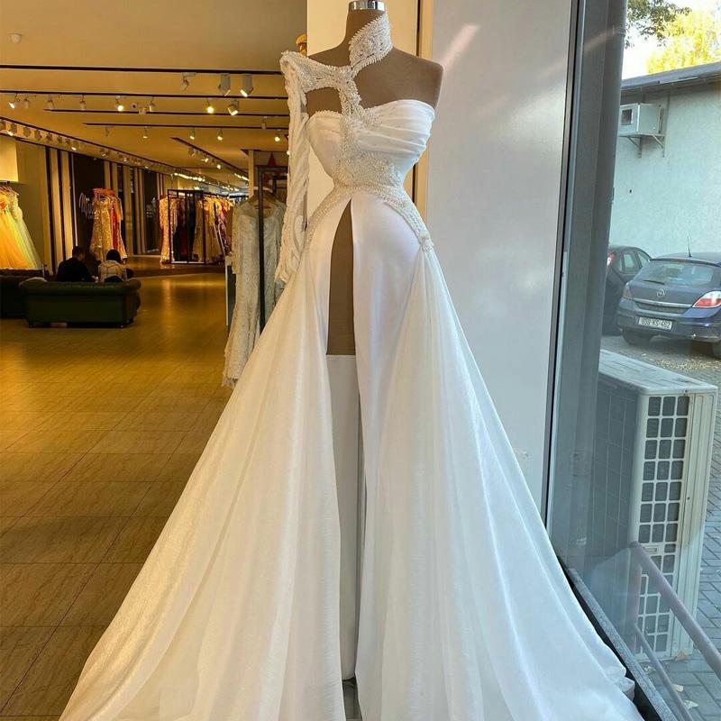 Unique Design Prom Dresses White One Shoulder Long Sleeve Beading African Evening Dress Illusion Side Split Party Gowns