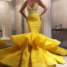 Load image into Gallery viewer, vestidos de novia Yellow Mermaid Prom Dress Chic Sweetheart Lace Evening Dress Cocktail Party Gowns Abiye Wear